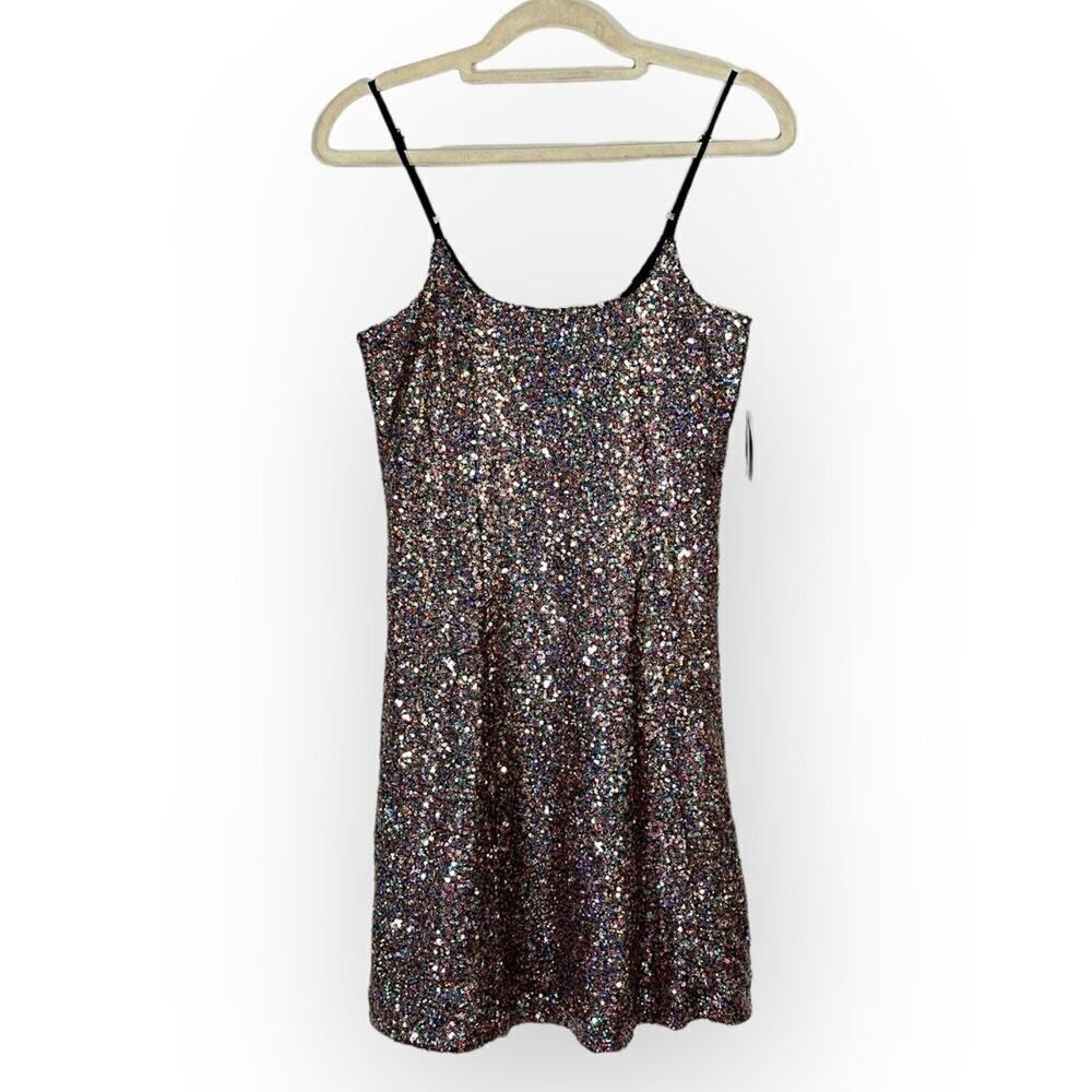 Melrose and Market Mini Dress Women's XXS Black Rainbow Sequin Sleeveless NWT